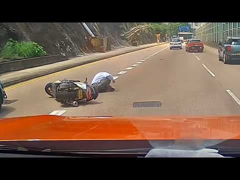 車CAM直擊 - 電單車落斜疑似收掣不及自炒 差啲被隔離線撞多鑊