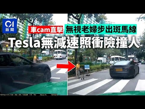 老婦步出斑馬線準備過路　Tesla照衝險撞人　的士司機爆粗狠批｜01新聞｜屯門｜蝴蝶邨｜途人｜斑馬線｜車cam